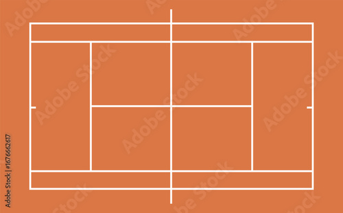top view Clay tennis court with white boundary lines on orange background, singles and doubles playing areas, singles and doubles playing areas, vector illustration.