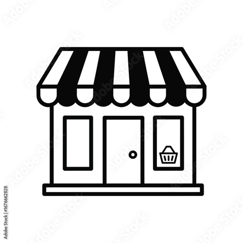 Simplified Shopfront Silhouette: A clean, minimalist illustration of a store with a striped awning and shopping basket emblem, perfect for conveying the concept of retail and commerce.