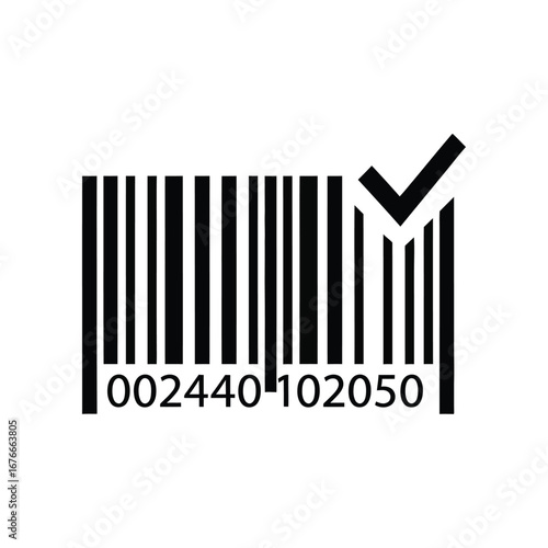 Barcode verification icon: The digital realm is illuminated by a high-contrast barcode, emblazoned with a triumphant checkmark, illustrating seamless digital validation, ready for purchase. 
