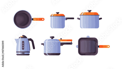 Illustration of various kitchen cookware including pots, pans, kettle, and grill pan, arranged on a white background.