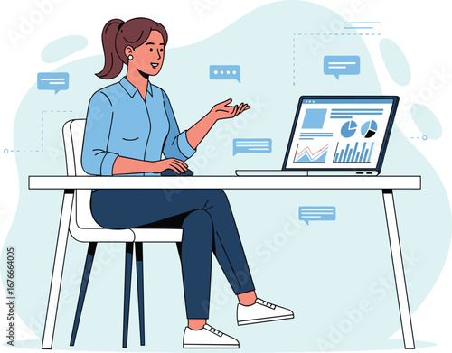 Woman presents charts on laptop during remote meeting. Business presentation, online meeting, data analysis, communication.