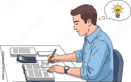 Man at desk has bright idea while working. Thinking, problem solving, office work, creativity, innovation, studying, learning, business, solution.