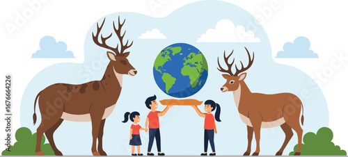 Kids hold up Earth between two deer. Environmentalism, conservation, sustainability, ecology, awareness, climate change, nature, wildlife, planet, future