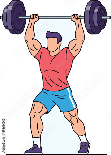 Muscular man lifts heavy barbell overhead. Fitness, strength training, weightlifting, exercise, power, athlete, health, strong, gym, workout, training.