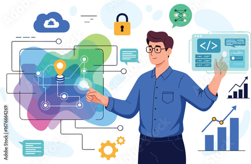 Man interacts with technology interface. Data analysis, cloud computing, cybersecurity, programming, coding, tech, innovation, system, network, artificial intelligence