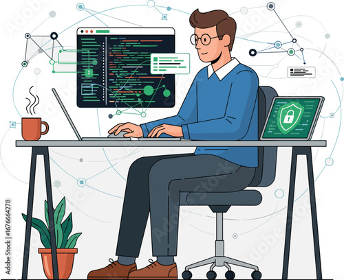Developer works at computer, coding security. Cybersecurity analyst, software engineer, data protection, network, information technology, online safety.