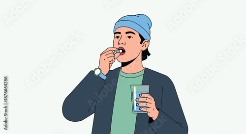Man takes medicine with water. Health, treatment, remedy, pill, medication, supplement, wellness, vitamins, healthcare, disease, sickness, flu, sick, recovery.