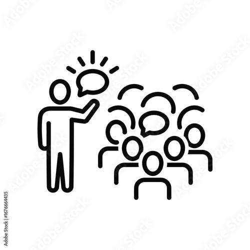 Leading the Discussion: An illustrated figure leads a group in a communicative exchange. Evoking clear concise sharing of ideas, and the power of shared discussion.