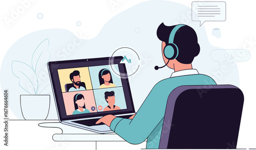 Man in video call with coworkers on laptop. Virtual meeting, online communication, teleconference, remote work, business, conference, office, technology.