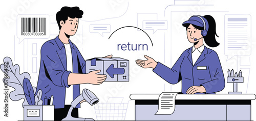 Customer returns package to store clerk. Return policy, customer service, retail store, shopping, ecommerce, business, online, vector