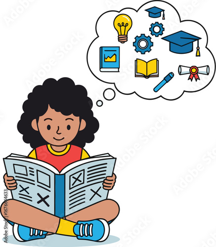 Girl reads, imagines future education/career. Knowledge, success, education, learning, future, goals, career, student, reading, thinking, growth, achievement