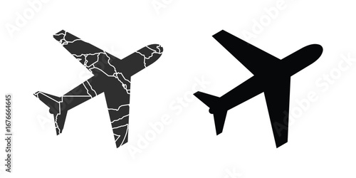 black airplane icon with map texture travel flight symbol in white background