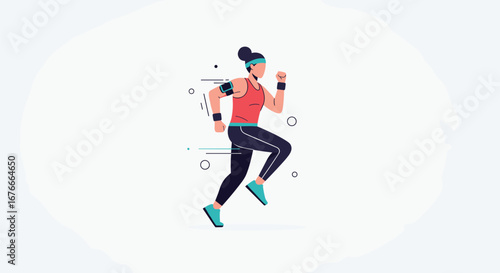Woman running, working out with phone. Exercise, runner, fitness, active lifestyle, health, wellness, sport, jog, motion, workout, athlete, cardio.