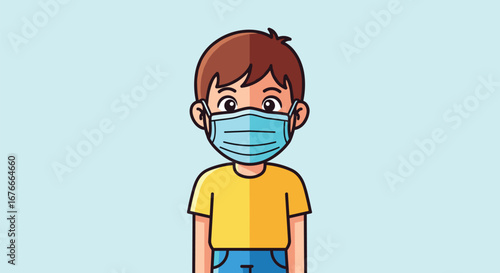 Boy wears mask to prevent disease spread. Child masked for safety, covid, health, protection, quarantine, pandemic