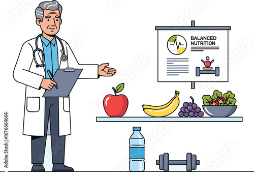 Doctor presents balanced nutrition for health. Healthy eating, diet plan, nutrition advice, healthcare professional, lifestyle, balanced, wellness.