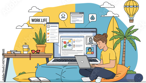 Woman works remotely from beach. Digital nomad lifestyle, work life balance, freedom, remote work, entrepreneur.