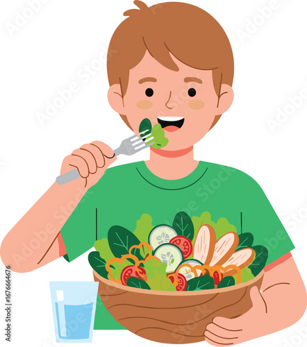 Boy enjoys healthy salad, drinking water. Nutrition, diet, wellness, healthy eating, lifestyle, vitamins, vegetarian, vegan, fresh, balanced meal, health.
