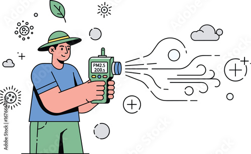 Person checks air quality with handheld device. Pollution measurement, environment, health, safety, pm2.5, particles, outdoor, clean air