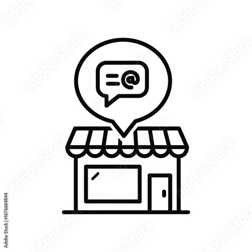 Email communication at Storefront: A simple yet effective graphic showcases a storefront with a speech bubble containing email symbols, conveying direct messaging through shop. 