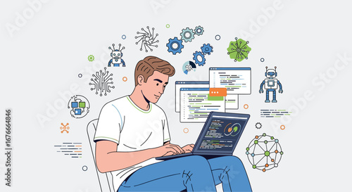 Man codes on laptop surrounded by AI icons. Technology, coding, programming, artificial intelligence, machine learning, software development, innovation, future.