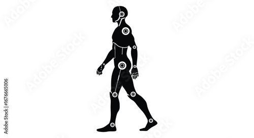 Human body silhouette with marked joints and limbs walking to the left