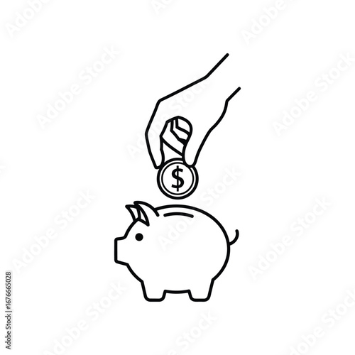 Hand Depositing Coin into Piggy Bank: A minimalist line illustration showcasing a hand gently inserting a dollar coin into the slot of a classic piggy bank, symbolizing saving, finance.