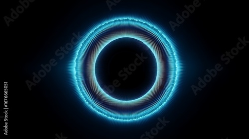 Glowing blue circular pattern with radiating lines against a dark black background in a studio shot