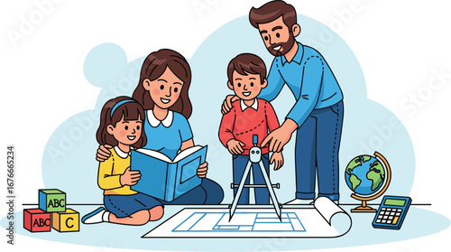 Family studies blueprint together, reading a book. Education, architecture, engineering, home, learning, happy, support, parenting, togetherness.