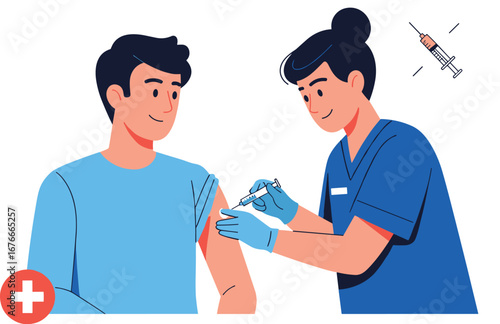 Nurse vaccinates man in clinic. Healthcare professional administering vaccine shot. Vaccination, immunization, medical, virus protection, health, prevention.