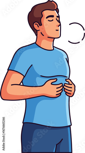 Man practices deep breathing, hands on stomach. Diaphragmatic breathing, meditation, relaxation, stress relief, mindfulness, health, wellness, cartoon, illustration