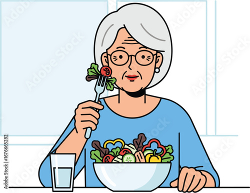 Elderly woman eating salad. Healthy senior, diet, wellness, nutrition, healthcare, aging well, fresh vegetables, lifestyle, balanced meal, nutrition.