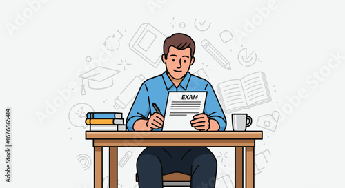 Student takes exam at desk with book and coffee. Education, learning, test, studying, school, college, university, knowledge, student life.