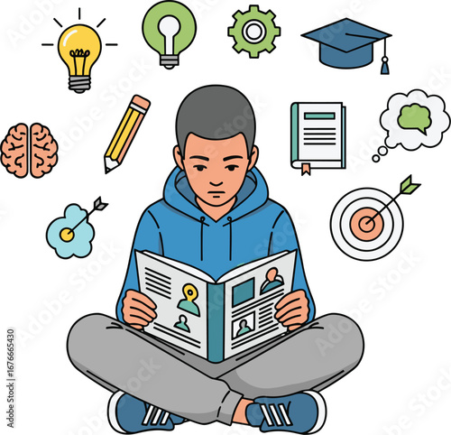 Man studies with icons of learning floating around. Education, knowledge, ideas, focus, inspiration, growth, goals, future, potential, study, book.