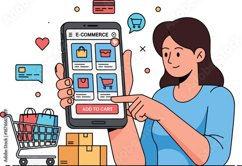 Woman uses phone for e-commerce shopping. Online retail, digital marketing, consumerism, technology, app, mobile shopping.