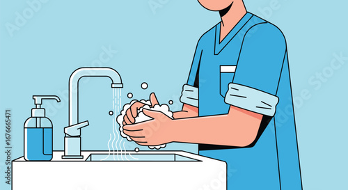 Person washing hands at sink. Hygiene, healthcare, medical, sanitary, clean, safety, health, soap, virus, bacteria