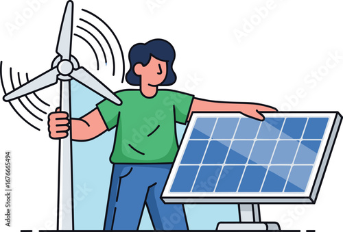 Person uses solar panel and wind energy. Clean energy, renewable resource, power generation, sustainability, environment, technology, green power.