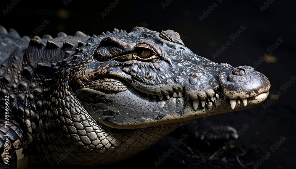 Obraz premium Close-up of a crocodile's textured skin and sharp teeth, set against a dark background