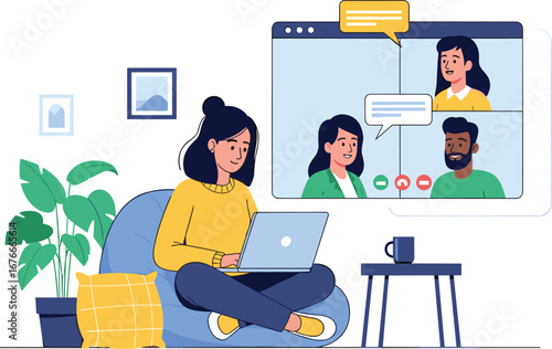 Woman video conferencing from home. Virtual meeting, online communication, remote work, digital lifestyle, teamwork, collaboration, technology, connection.