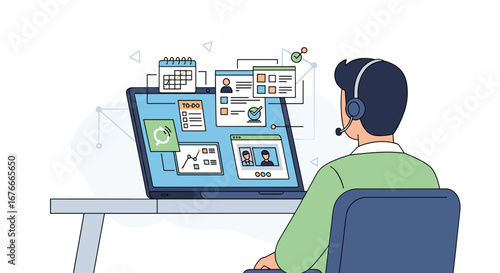 Man with headset works with online dashboards. Remote support, customer service, communication, telecommuting, virtual assistant, teamwork, technology, online meetings