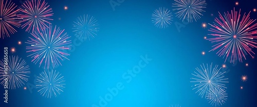 Luxurious blue background with vibrant firework bursts, ideal for festive celebrations,  night,  poster