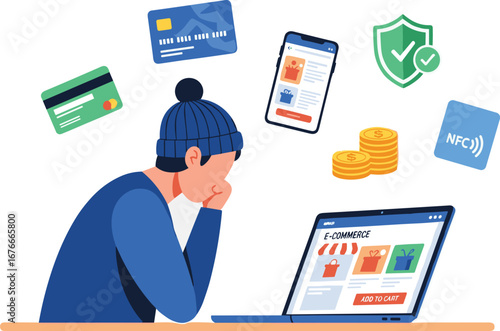 Man contemplates e-commerce options on laptop. Online shopping concept. Digital payment, contactless, finance, security, consumerism, virtual, nfc, technology.