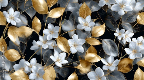 Elegant floral pattern with white flowers and golden leaves on a dark background design element