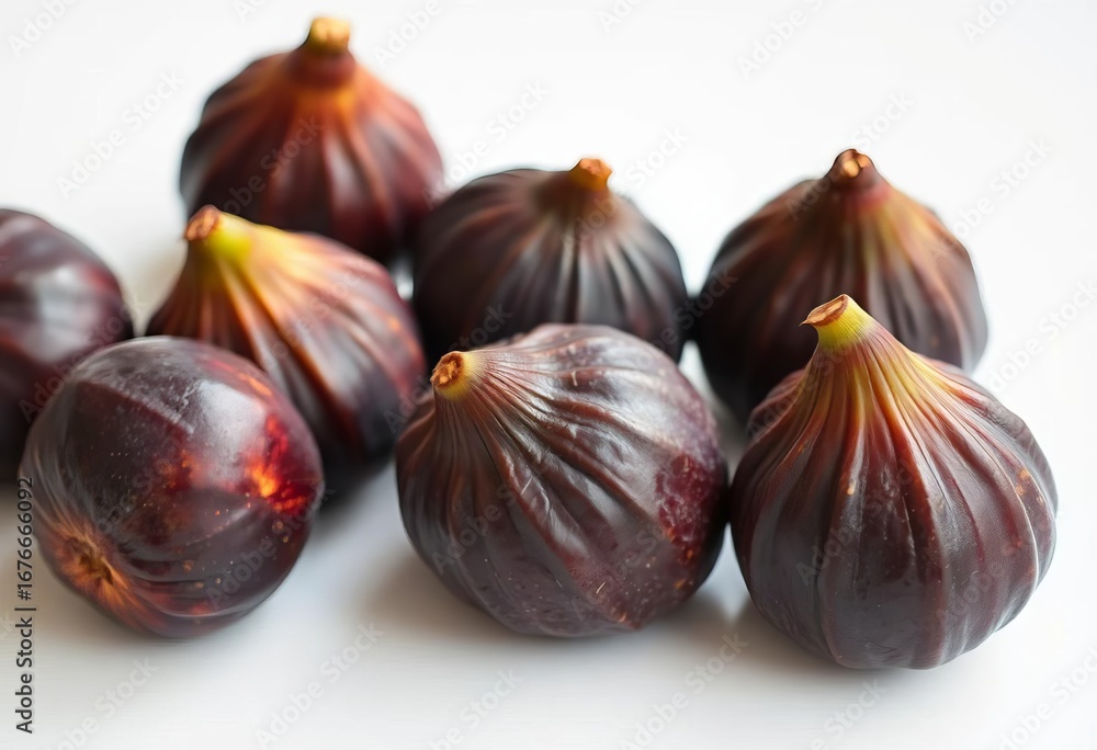Obraz premium Several plump, purple-skinned figs, glistening with ripeness, rest on a pristine white surface, closeup, juicy