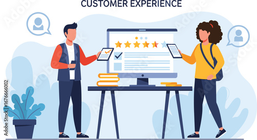 Customers review experience via tablets, rating stars. Satisfaction survey, feedback system, online rating, user review, digital interaction, service quality, customer journey.