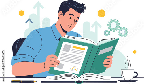 Man reading a book with diagrams and arrows. Learning, education, development, knowledge, self-improvement, success, business, progress, strategy, study, research