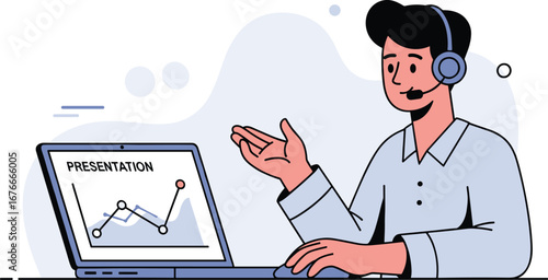 Man presents graph on laptop during virtual meeting. Online presentation, webinar, communication, technology, remote work, business conference, digital communication, virtual conference.