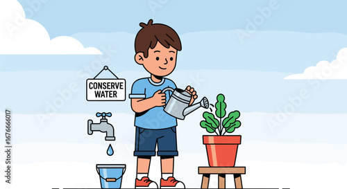 Boy waters plant while conserving water. Ecology, environment, conservation, sustainability, responsibility.