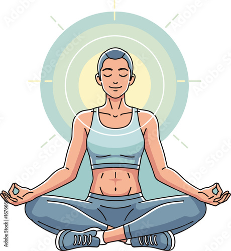 Woman meditates in lotus position surrounded by aura. Mindfulness, spiritual, wellness, inner peace, zen, yoga, relaxation.