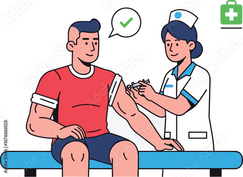 Nurse gives vaccine to man, health okay. Vaccination, immunization, medical, healthcare, pandemic, protection, prevention, virus, clinic, treatment