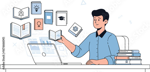 Man studies books, online learning. Knowledge, education, e-learning, study, reading, internet, digital, technology, open book, university, student, library